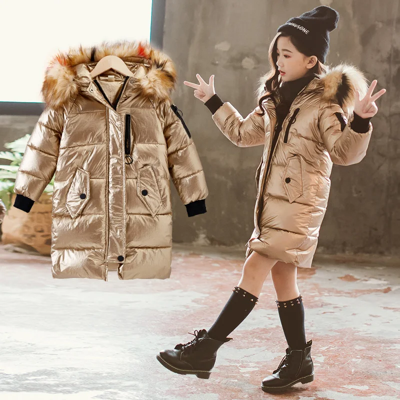 Girls Winter Clothes Kids Coats Warm Fur Collar Hooded long down Coats Girls Hot stamping Space suit Jackets