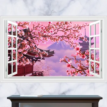 

Mount Fuji Cherry Blossoms Fake Windows Wall Stickers Decal Decor Landscape Faux Window removeable Free Shipping B239