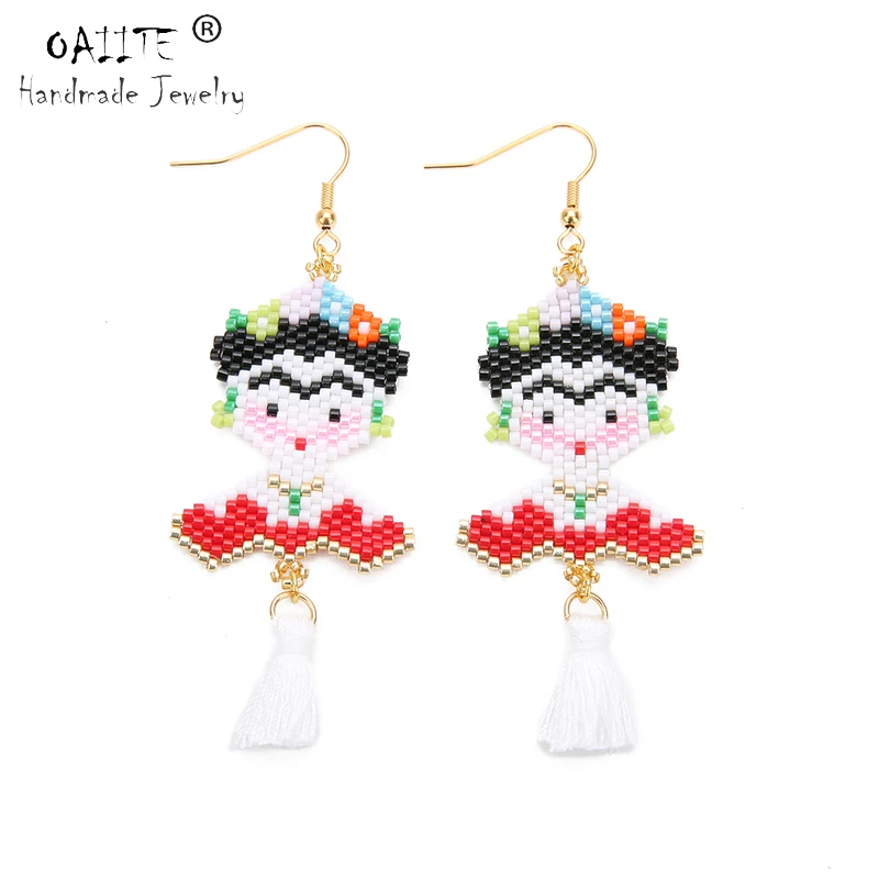 

OAIITE Frida MIYUKI Mexico Delicas Fashion Women Earrings 2019 Handmade Weave Seed Beads Tassel Drop Earring Frida Jewelry Gift