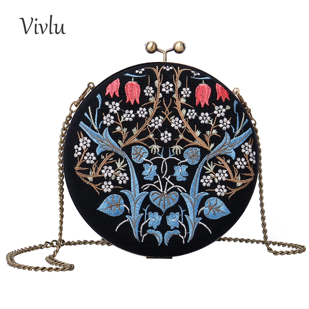 

Women Shoulder Bag Vintage Flower Evening Clutch Bag Silk Material Copper Metal 3 Colors BG-003