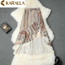 Высококачественный шифон юбка женская новая высокая с оборками на талии Полосатая юбка Женская Асимметричная Лоскутная Сетка русалка юбка C1210