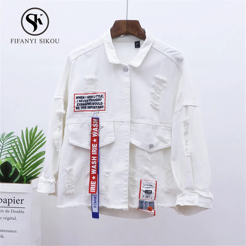 

Pink Denim jacket women 2019 New Fashion Ribbons Patch Designs Loose jeans jacket women Basic Coat Spring Denim coat Streetwear
