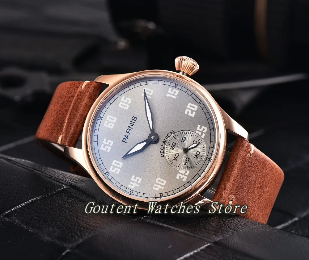 

44mm Parnis Gray Dial Steel Rose Gold Case 6498 Hand Winding Men's Watch