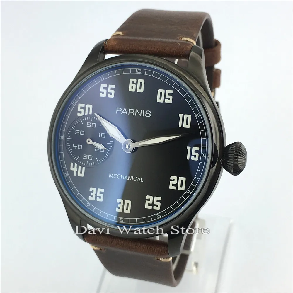 

44mm PARNIS Brown Leather Strap Seagull 6497 Hand Winding Movement Mens Watch
