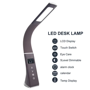 

LED Office Desk Lamp 5W Eye Protection Touch Leather Dimmable Reading Table Lamp With Alarm Clock Calendar LCD Display