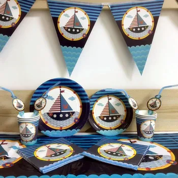 

36PCS/set Lovely Cartoon Blue Sailboat Ocean Navigator Printed Theme Disposable Tableware Sets For Kids Party Decoration Supply