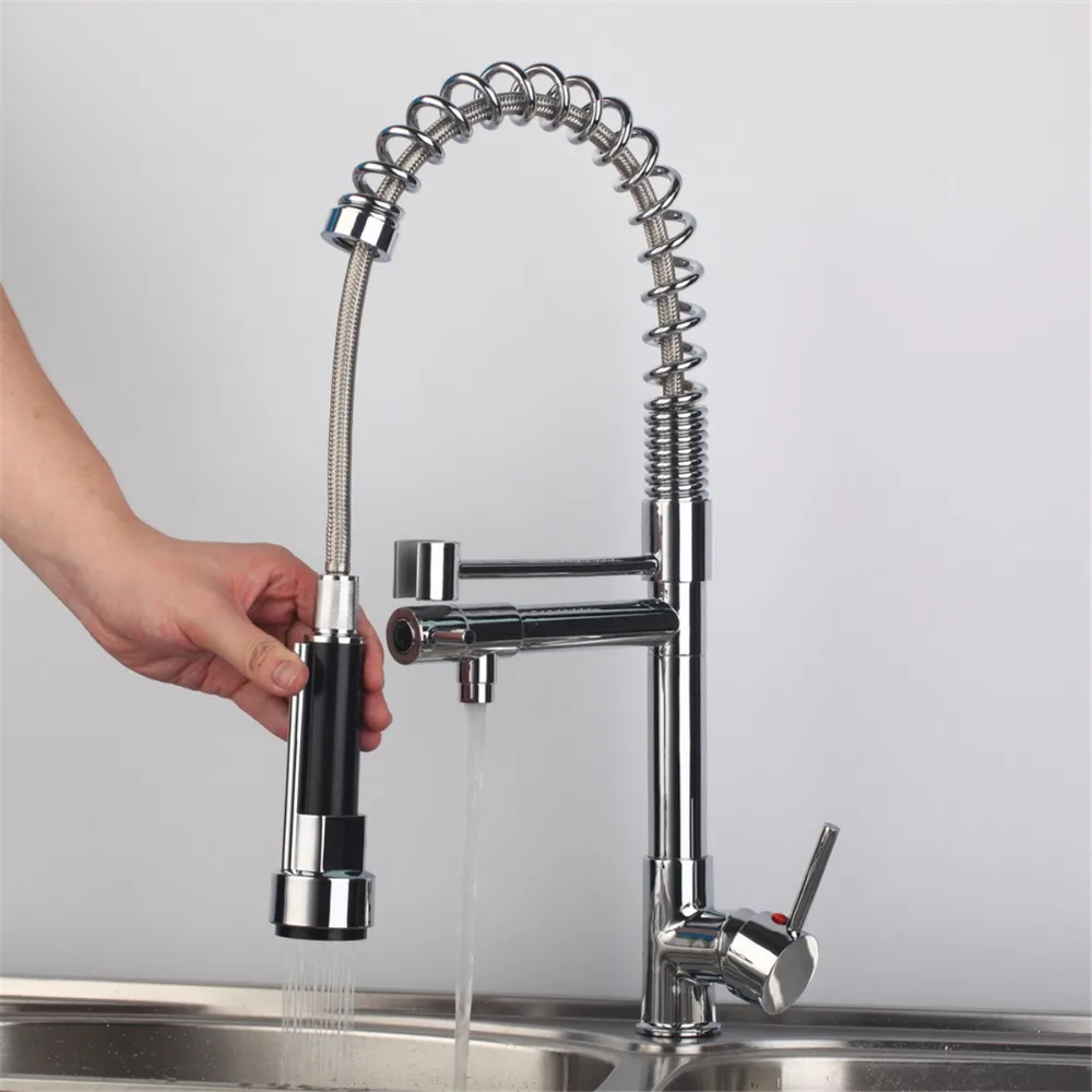 Chrome Treatment Single Hole Double Spout Kitchen Faucet Deck Mounted Kitchen Vessel Sink Mixer Tap Faucet