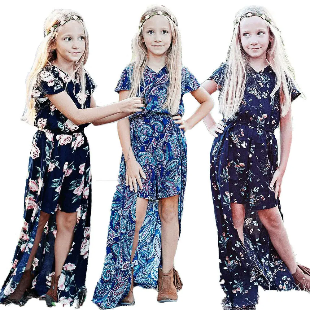 

Elegant Vintage 2019 Irregular Toddler Girl Outfit One-Piece Flower Jumpsuit Kids Blue Short Sleeve V-neck Clothes