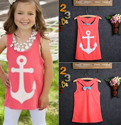 

2016 hot Baby Girls Summer Anchor T shirts Kids Sleeveless tops shirt back bow children clothes free shipping