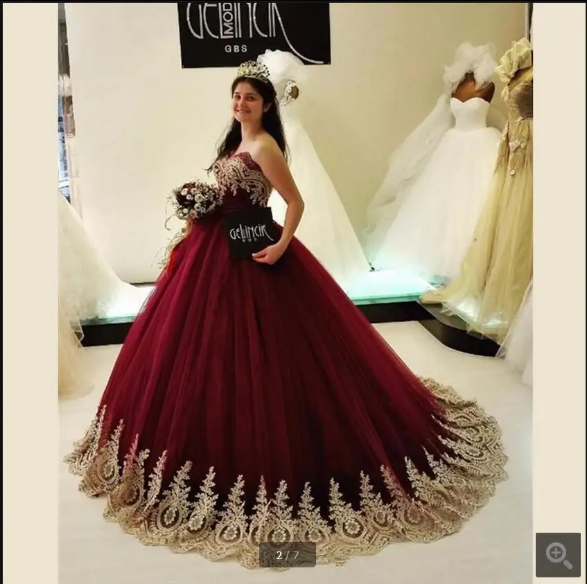 2019 Burgundy Gold Arabic Ball Gown Wedding Dresses