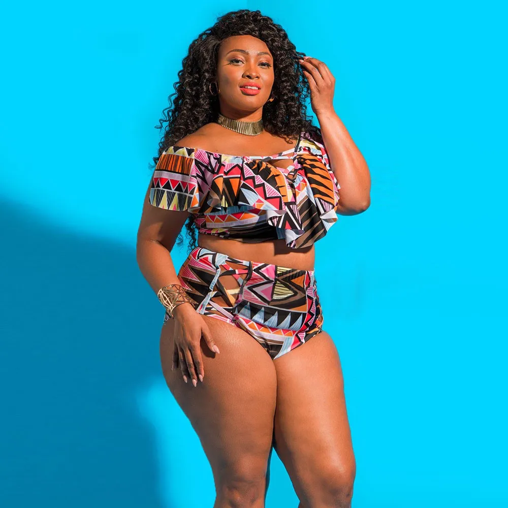 

bikini 2019 Two Piece Plus Size Swimwear Women Printed Bathing Ruffle Swimsuit Beachwear bathing suit women high waisted @5