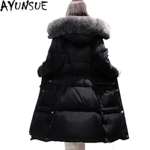 Новое поступление года, женский пуховик с большим меховым воротником и капюшоном, белое пуховое пальто, тонкая однотонная теплая верхняя одежда, украшенная перьями, Женская парка ST502