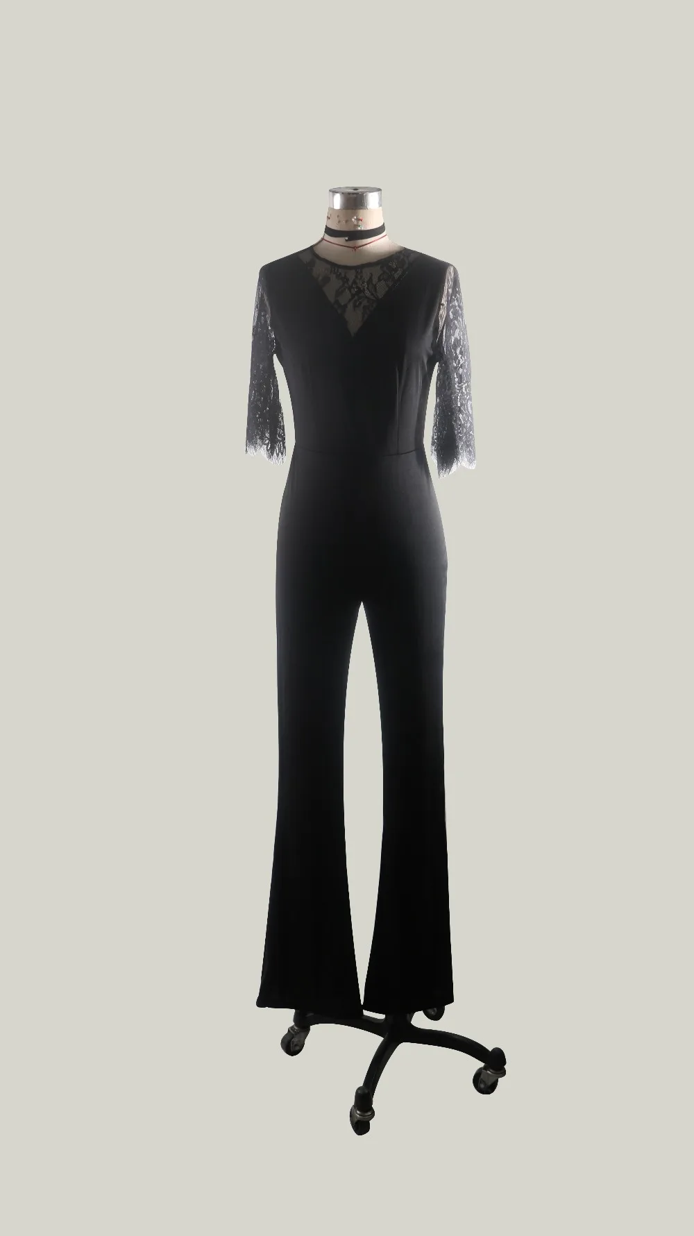 Элегантный кружевной черный комбинезон, длинные штаны, повседневный женский комбинезон с коротким рукавом и круглым вырезом, женский комбинезон, тонкий сексуальный комбинезон