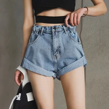 MONERFFI 2019 Vintage de alta cintura de engarzado Denim azul Shorts mujeres estilo coreano Casual Shorts Jeans verano corto sexy pantalones de las mujeres