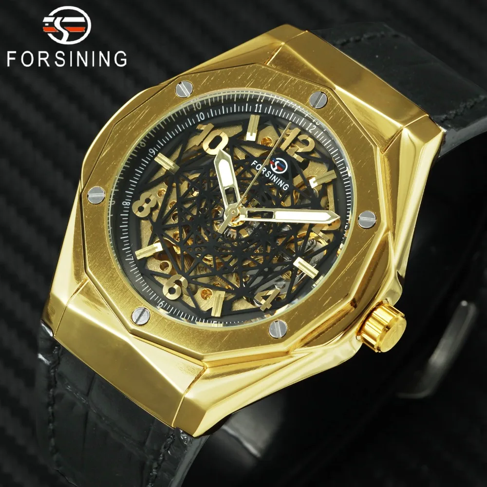

FORSINING Top Brand Luxury Golden Auto Mechanical Watch Men Leather Strap Skeleton Dial Fashion Military Wristwatches for Men