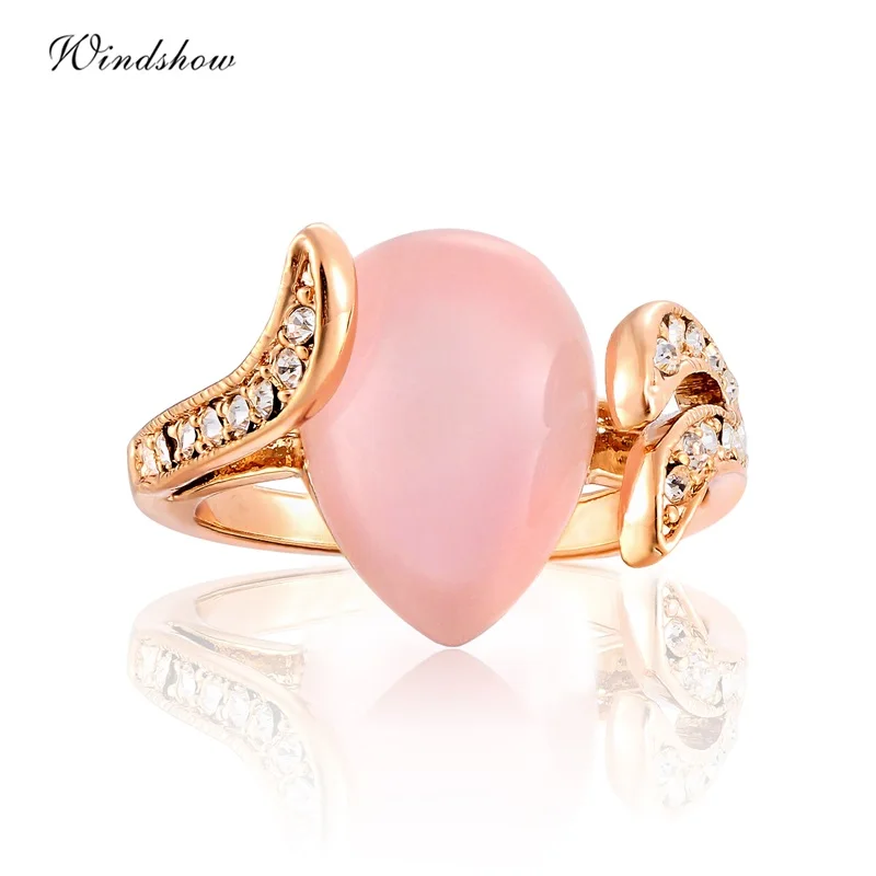 

New Rose Gold Color Angle Wing Crystal Pink Teardrop Cat's Eye Rings for Women Party jewelry Engagement Wedding Ring Bague