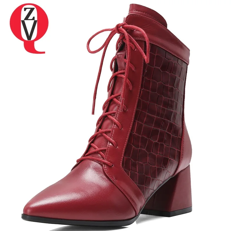 

ZVQ 2018 new high quality genuine leather women shoes med square heel pointed toe zip cross-tied black and wine red ankle boots