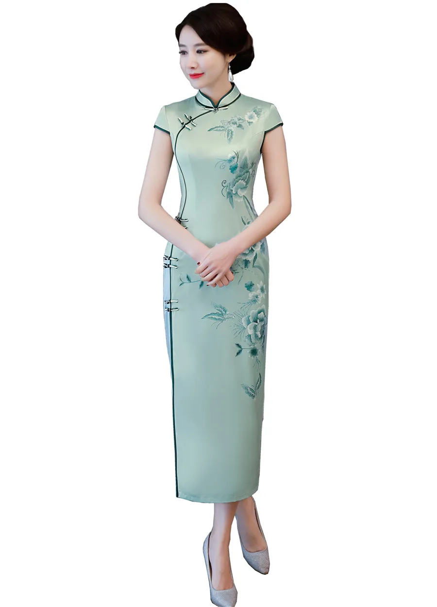 Шанхай история длинное платье Ципао из искусственного шелка в китайском стиле длинное платье Чонсам китайское восточное платье для женщин - Цвет: Зеленый