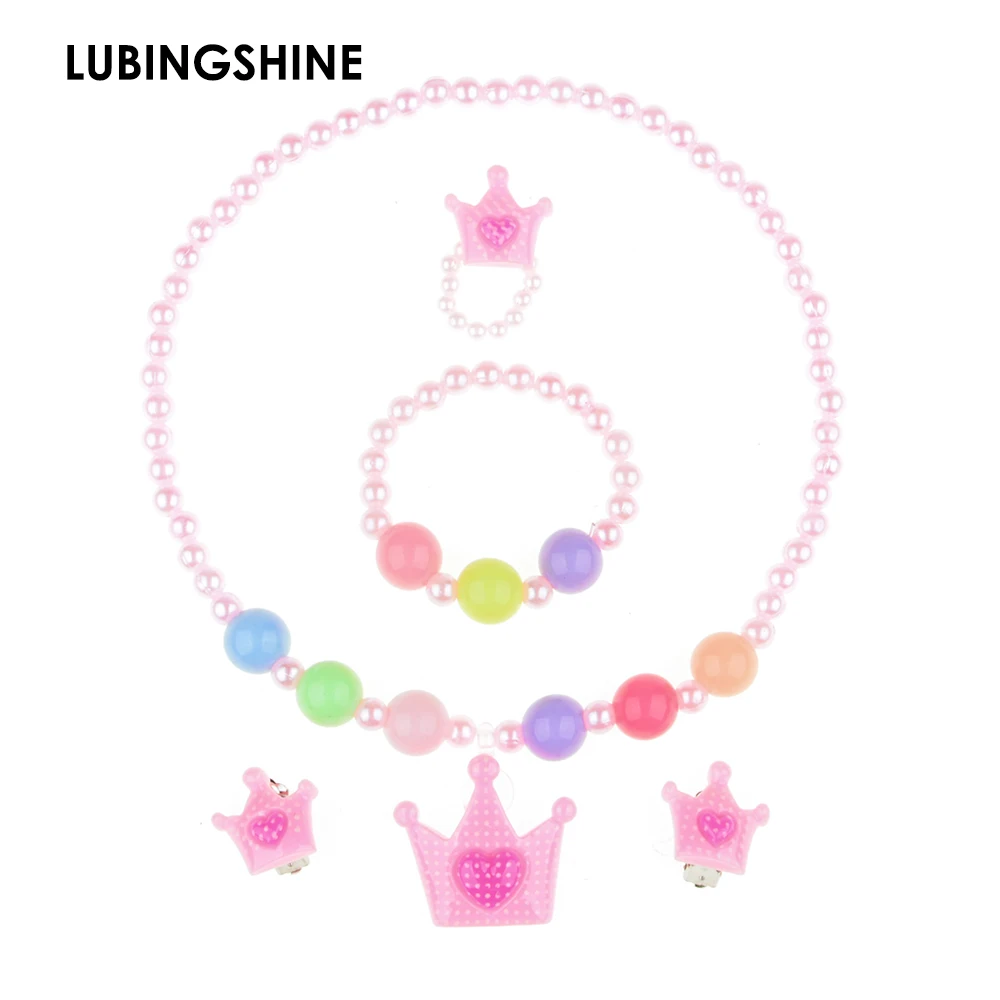 

Handmade Kid baby Candy beads Jewelry Set Super Cute Crown necklace ring earring bracelet Sets JJAL T2