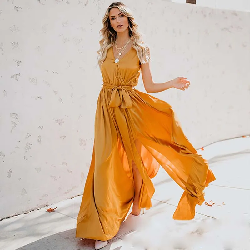 

ZOGAA Yellow Dress Long Maxi Dress Sleeveless Split Lace Up V-Neck Party Dresses 2019 Elegant Boho Dress For Women Plus Size