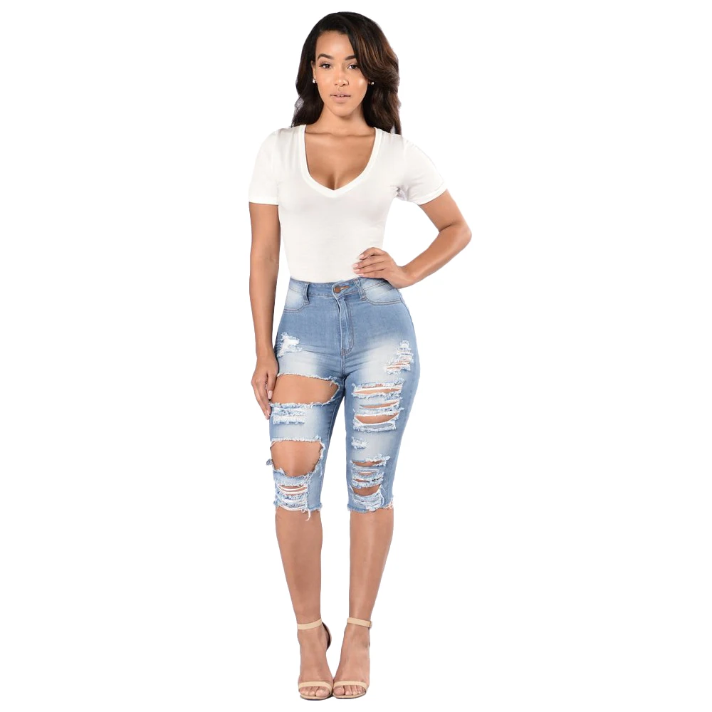 

women's pants pants denim shorts blue big hole tear Slim comfortable breathable high-elastic hip Knee Length 3 colour S--2XL