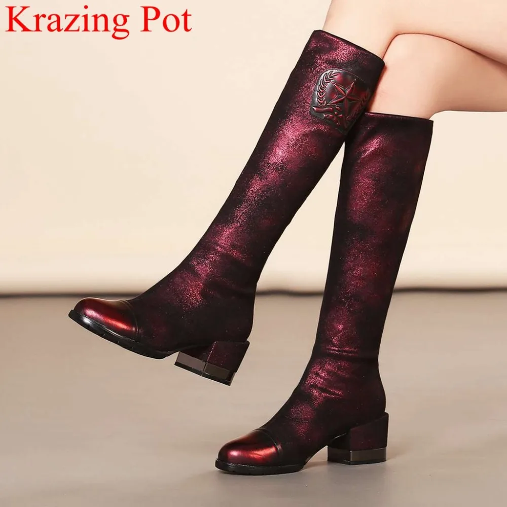 

2019 slender retro cow leather streetwear stretch knee-high boots med square heels printing vintage concise thigh high boots L45
