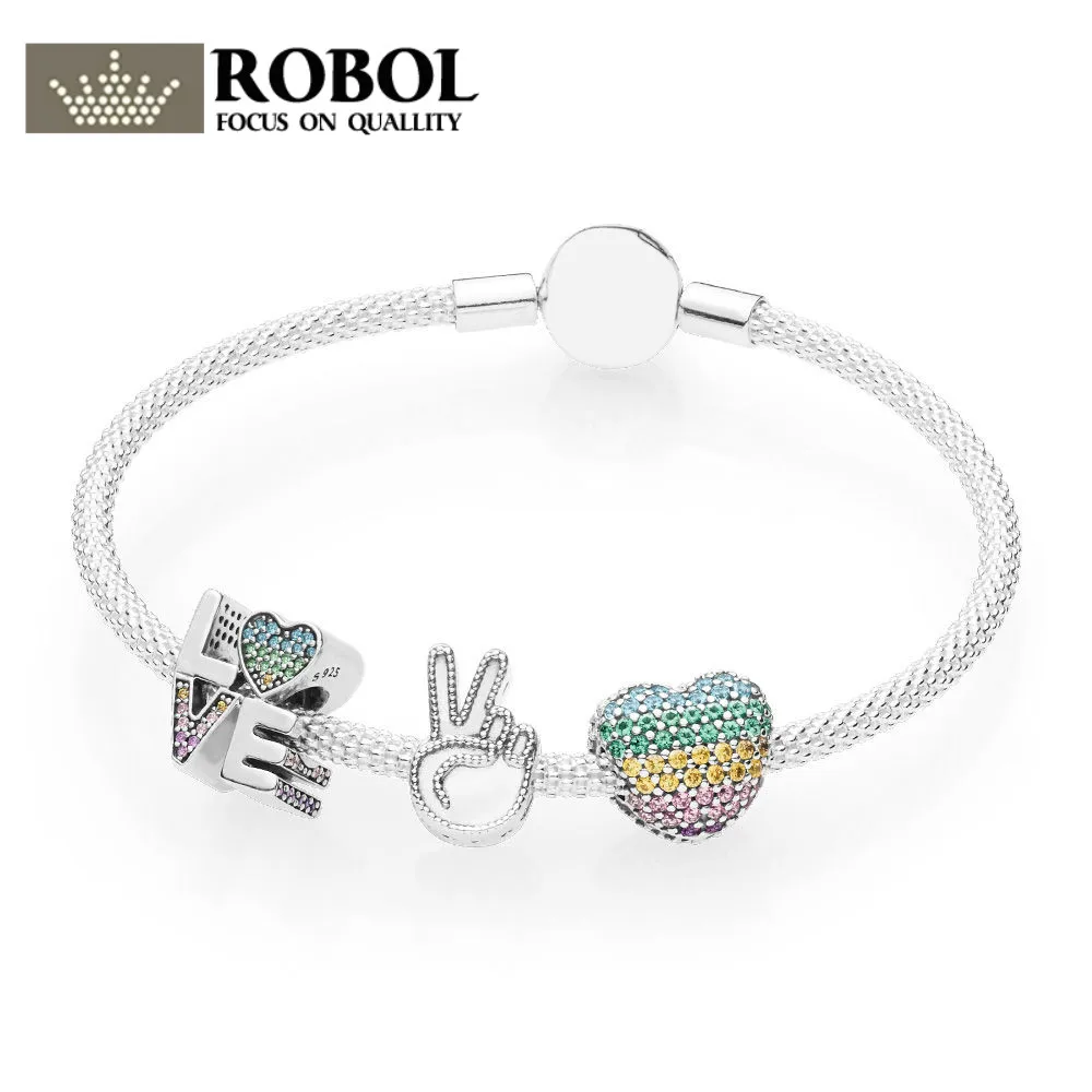 

ROBOL Pan 925 Sterling Silver Love the Rainbow Bracelet Set Diy Original Charms Jewelry Women Summer fashion design silver 925