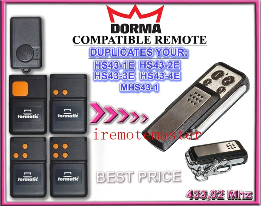 

2pcs DORMA HS43 - 1E, 2E,3E,4E compatible remote control clone 433,92Mhz fixed code