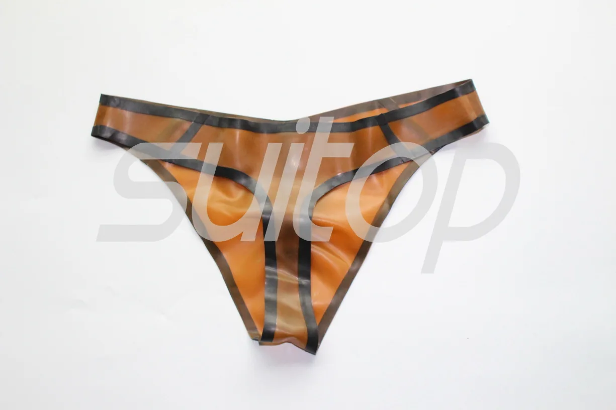 Men 's rubber latex briefs thong in trasparent brown and black