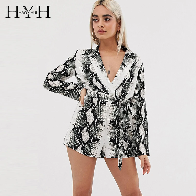 

HYH Haoyihui Summer Sexy Deep V Lapel Split Tie Snake Print Sexy High Waist Short Personality Wrapped Long Sleeve Jumpsuit