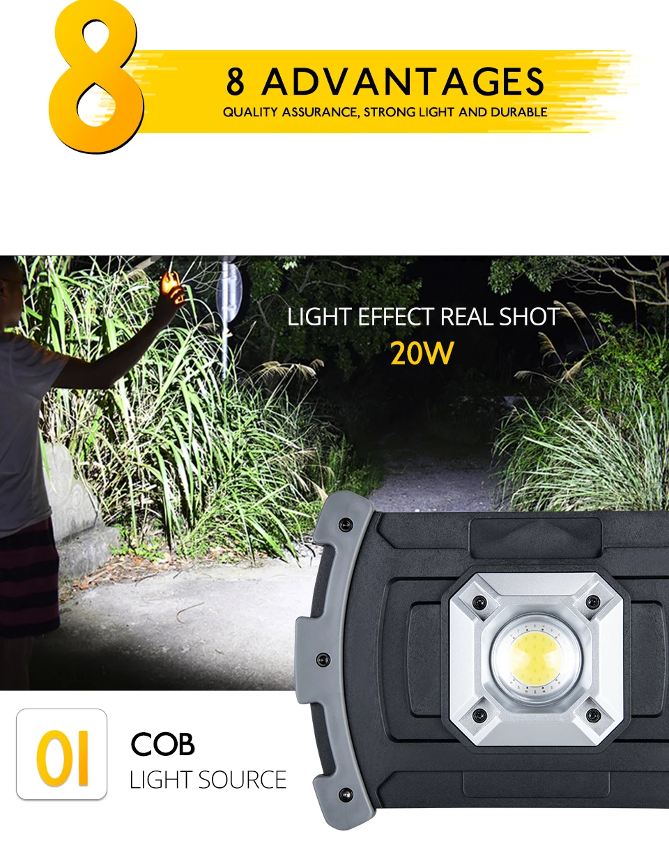 20W COB Portable Spotlight Led Work Light Rechargeable LED Flashlight 18650 or AA Battery Bright Outdoor Camping Light Work Lamp (4)