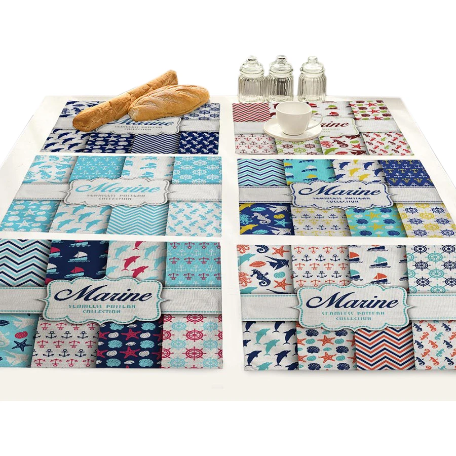 

Printed Cotton-linen Placemat for Dining Table Mediterranean Navigation Pattern Mantel Individual Tablecloth Coaster Set Cup Pad