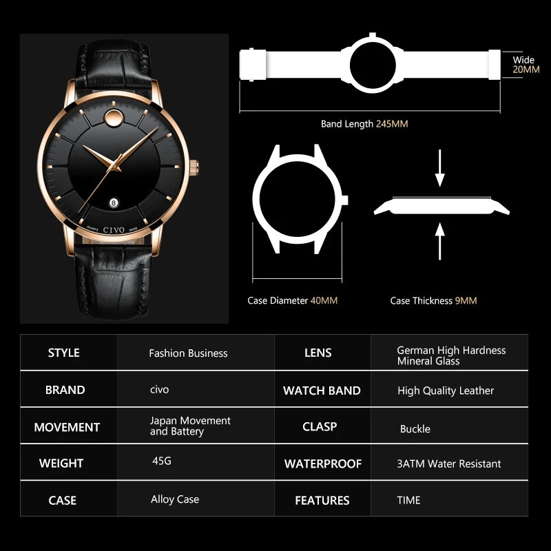CIVO Mens Watches Top Brand Luxury Waterproof Date Calendar Genuine Leather Quartz Wrist Watches For Men Clock Relogio Masculino