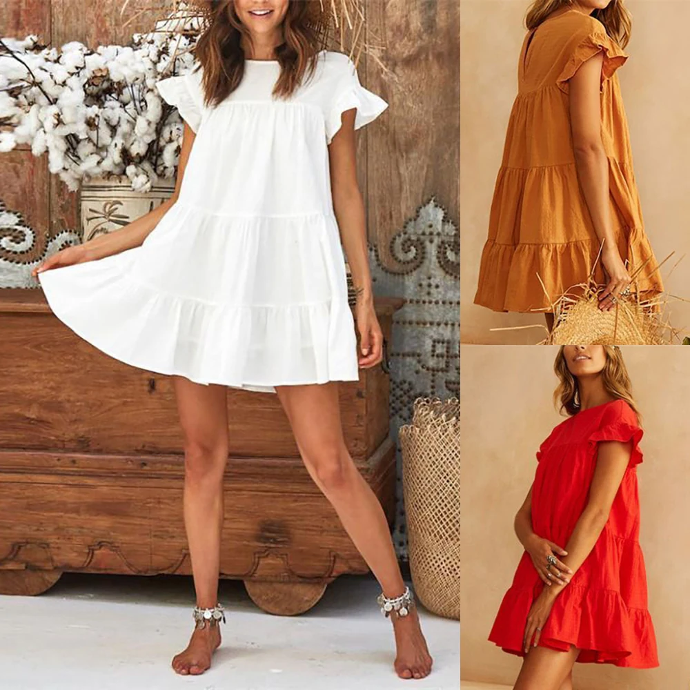 

2019 New Fashion Casual Ruffled White Orange Red Loose Women Dress Summer Dress