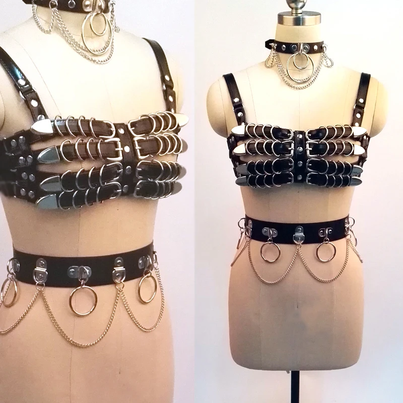Черное бондажное кожаное колье ручной работы в вечерние ле панк 100%|harness punk|bondage
