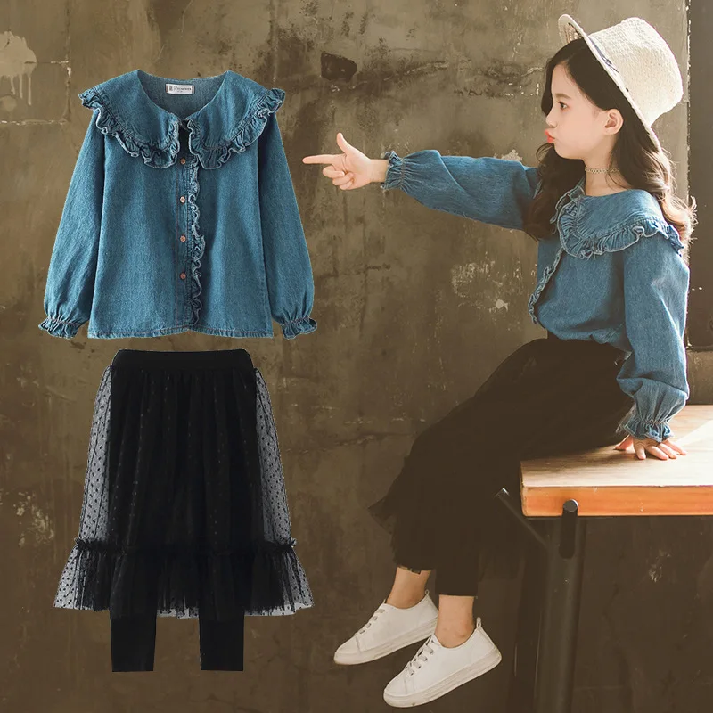 

Girls Clothes Set Denim Sweatshirt + Mesh Cake Pants 2PCS Autumn Spring Girls Clothing Set Children'S Sport Suit Kids Clothes