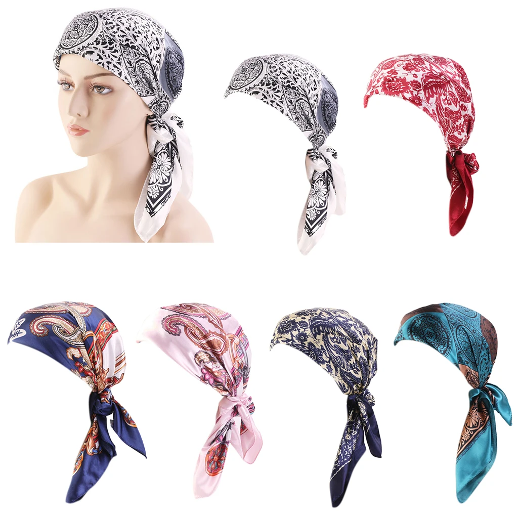 

Women Satin Hair Accessories Bands For Girls Turban Women Headband India Hat Muslim Beanie Head Wrap Headwear Square Scarf
