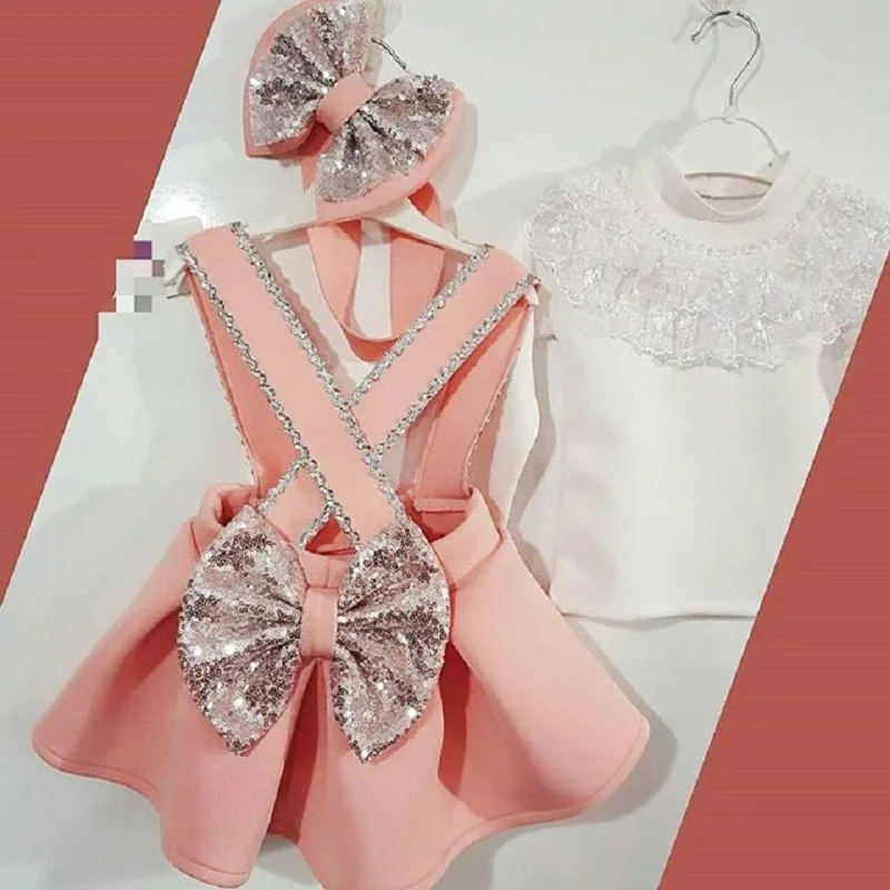 kid Casual Clothing Set Lace Cotton Blend 3Pcs Baby Toddler Girls Kids Overalls Skirt+Headband+Romper Clothes Outfits 1-6Y