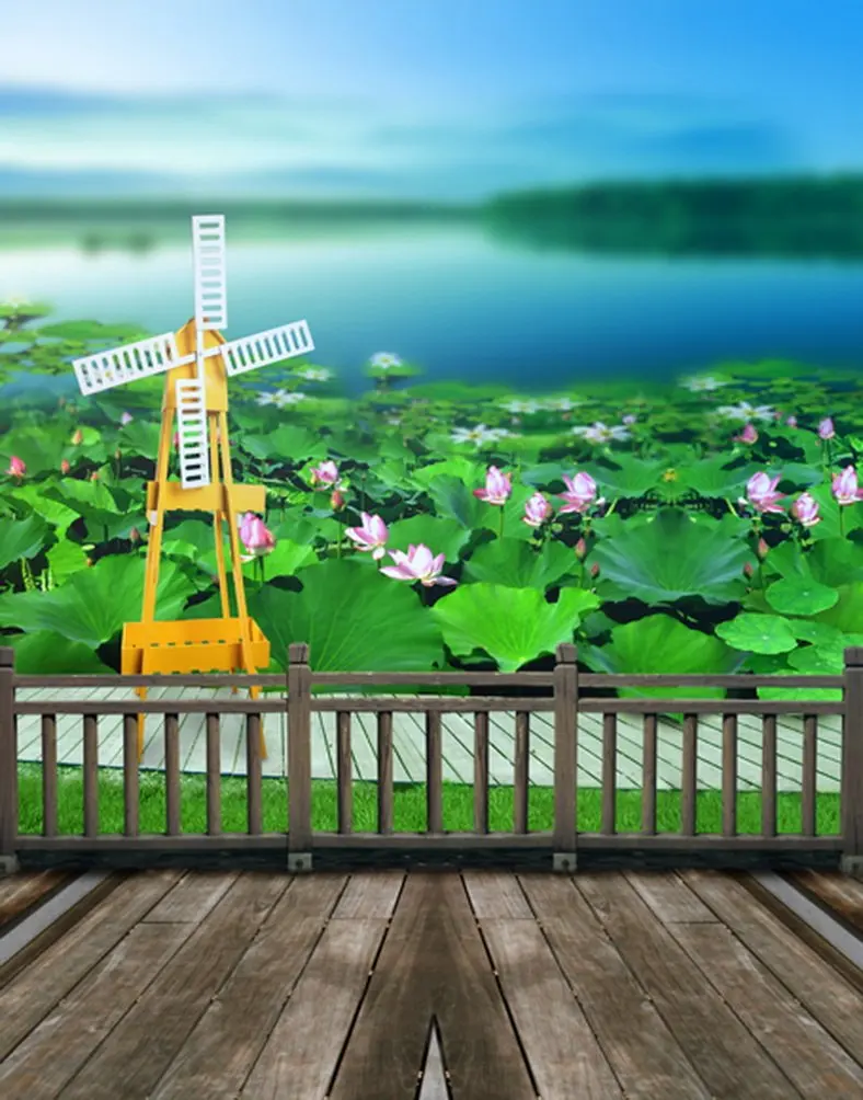 

5x7ft Lake Lotus Wooden Floor Photography Backdrops Photo Props Studio Background