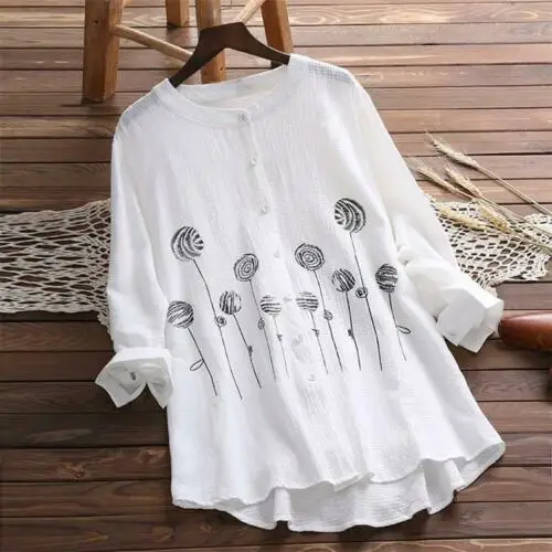 2019 Newest Fashion Hot Charming Women Cotton Tops Long Sleeve Tunic Blouse Flower Print Shirts Plus Size XL-5XL