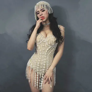 

Women Prom Outfit Sparkly Crystals Pearl Bodysuit Costume Nightclub Celebrate Party One-Piece Wear Sexy Crystals Leotard DJ DS