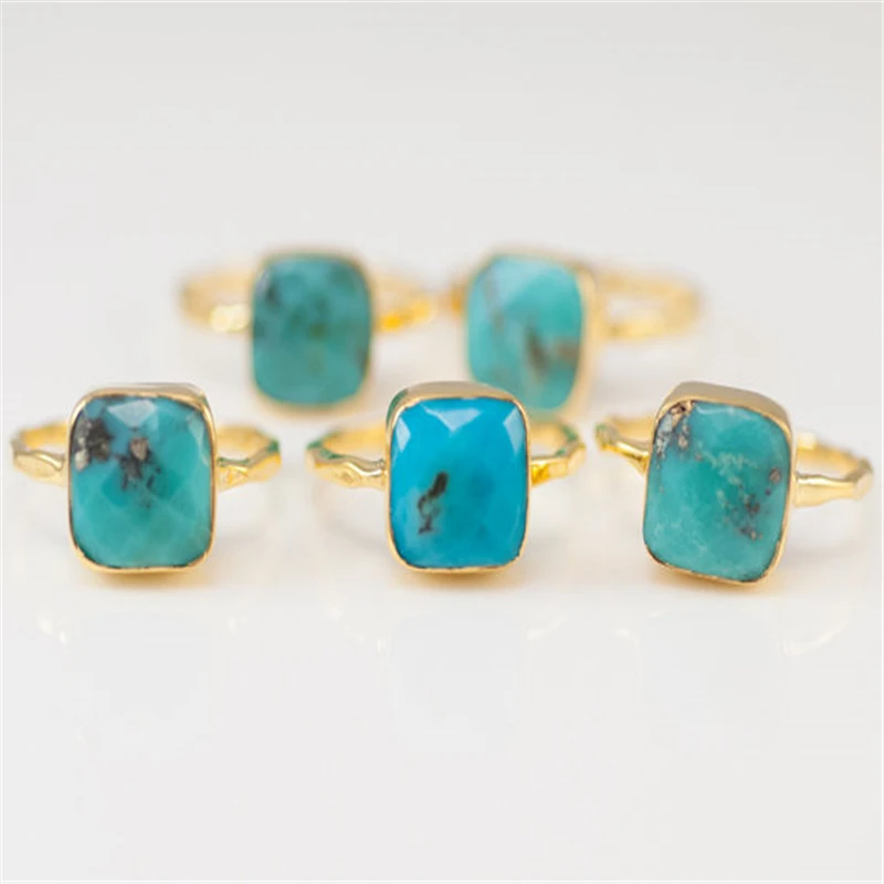 

Fashion Geometric Square Blue Turquoises Stone Ring Boho Jewelry Beach Small Simple Gold Color Ring Girls Party Ring L5X752