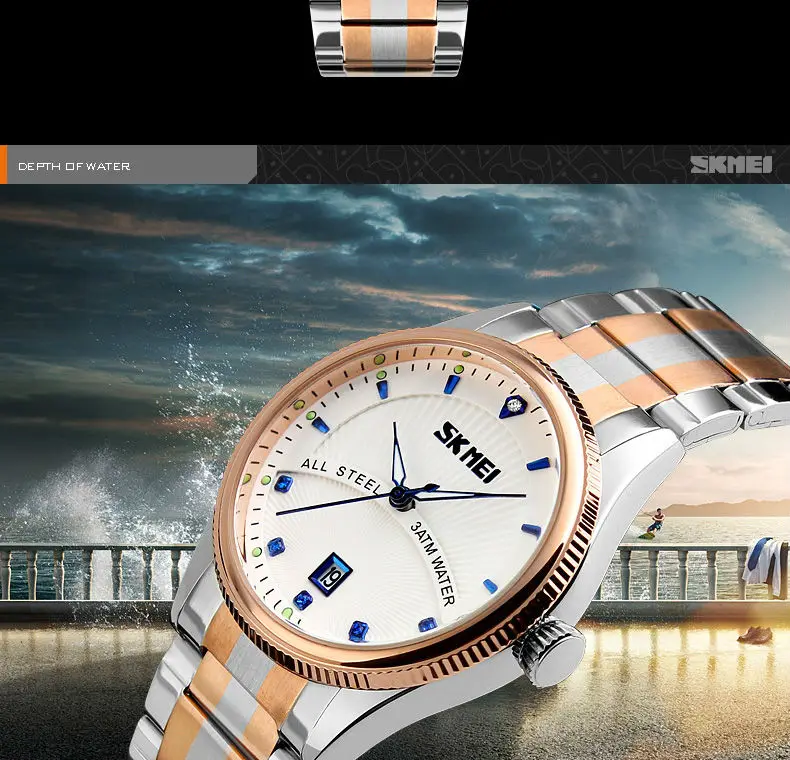 SKMEI деловые мужские часы от ведущего бренда, роскошные часы из нержавеющей стали с календарем, 3 бар, водонепроницаемые кварцевые наручные часы, мужские часы 9123