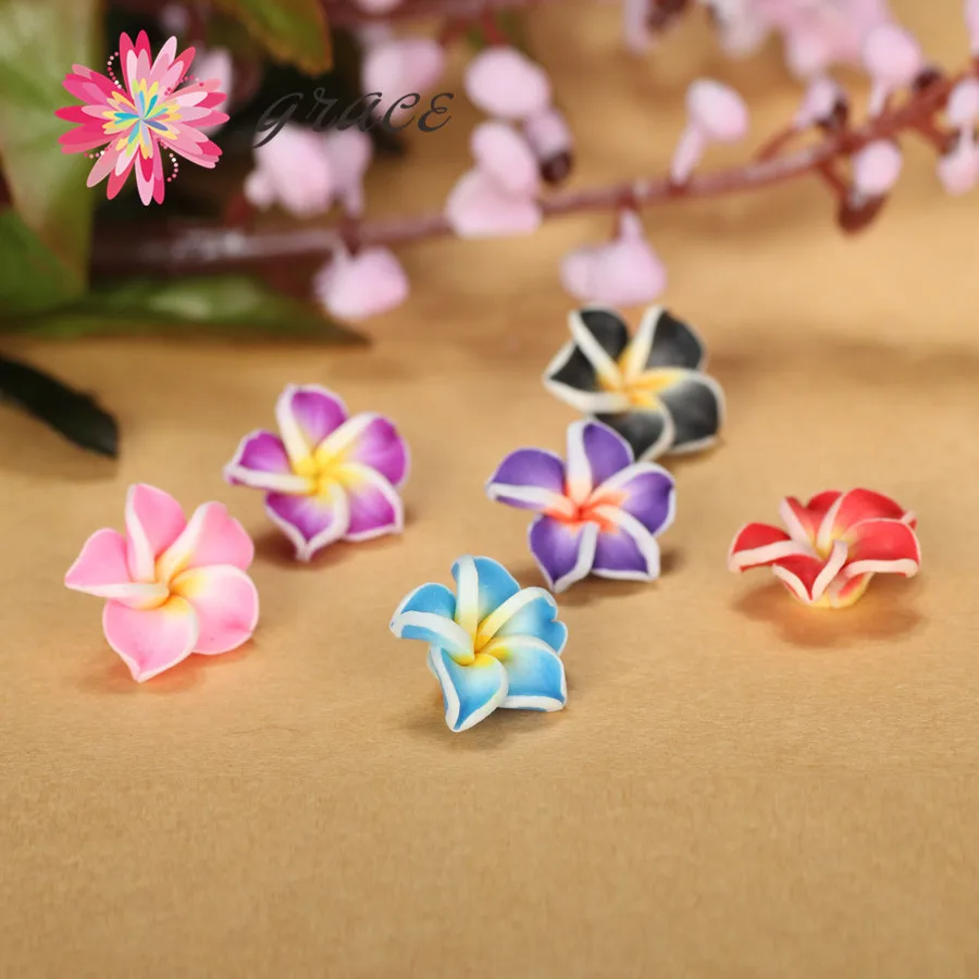 

100pcs/lot 15mm Polymer Clay Fimo Miniature Frangipani Plumeria Flower Beads Supply Diy Earring Bracelet Making Hair Accessories