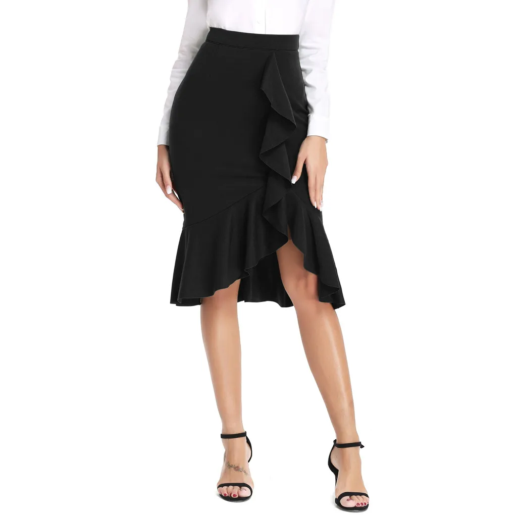 

Women's Skirt Fashion Casual Ruffled Elastic Irregular Solid Fishtail Fitted Stretch Bodycon Pencil Skirt