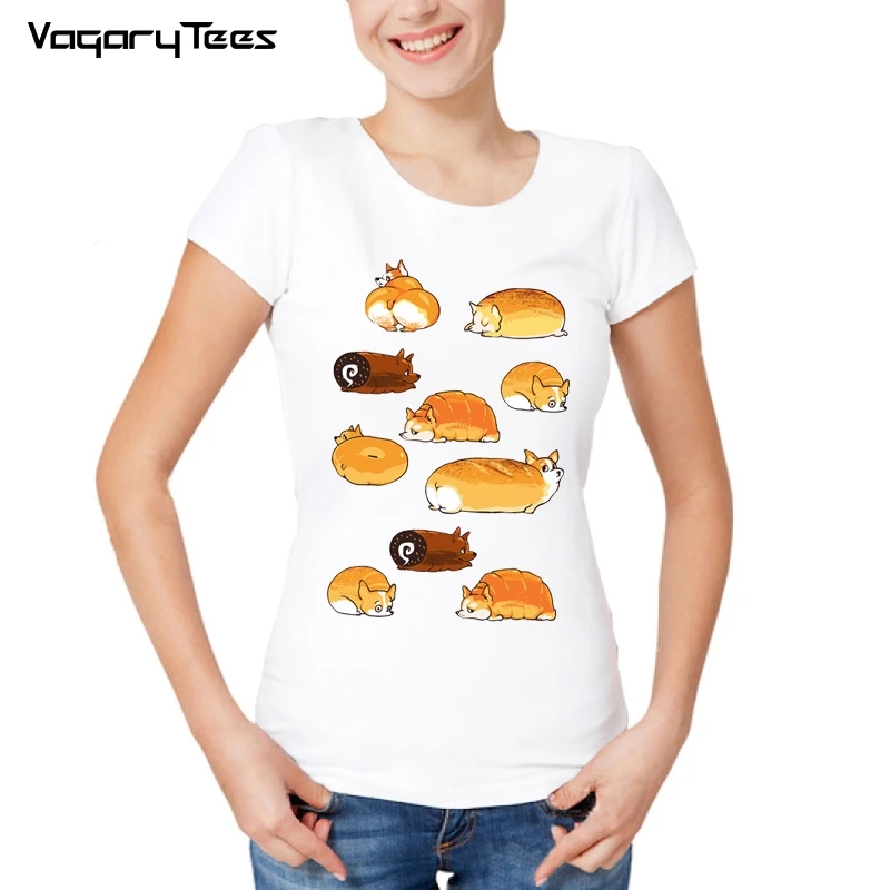 

2019 humor hipster cool T Shirt summer soft casual woman Tops Orange corgi T-Shirt funny Bread Corgi dog design Anime Tee