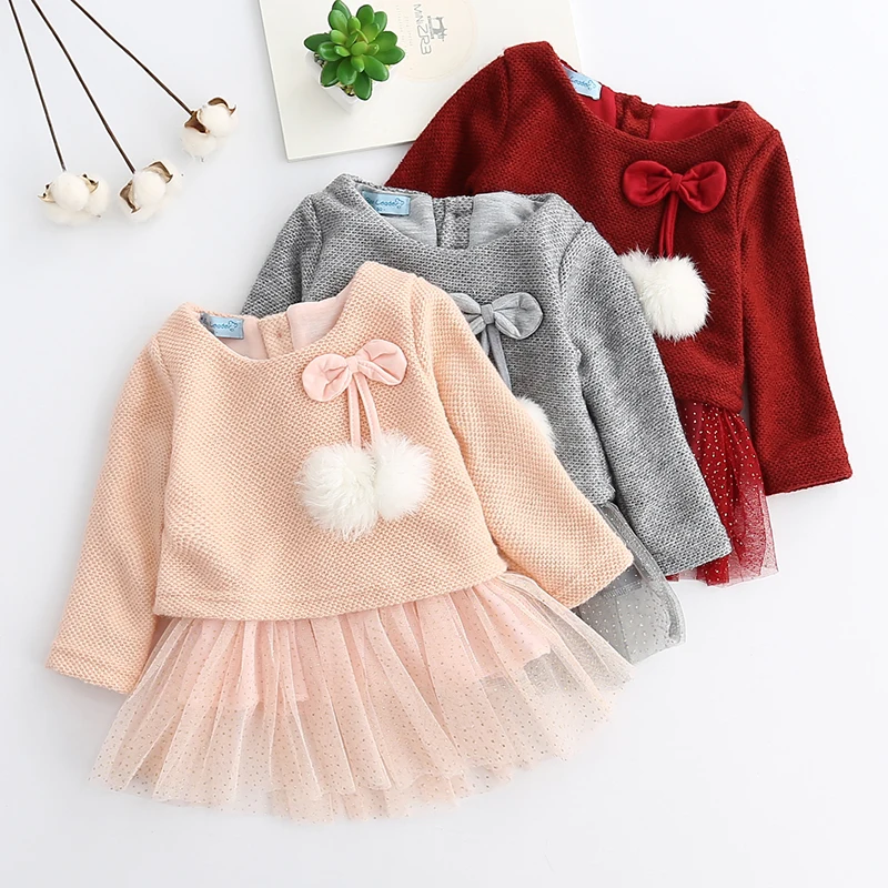 Baby Clothing 2017 Autumn Pink Girls Dresses Long Sleeved Kids Dress Tutu Bow Ruffles Velvet Infants Dress Double Level Vestidos