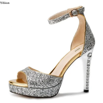 

Olomm New Women Glitter Sandals Sexy Thin High Heel 12 cm Sandals Open Toe Gold Silver Party Shoes Women US Plus Size 5-10.5