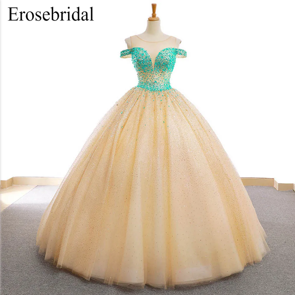 

2019 New Autumn Ball Gown Evening Dress with Full Beaded Champagne Women Evening Wear Lace Up Back Elegant robe de soiree ZC-26