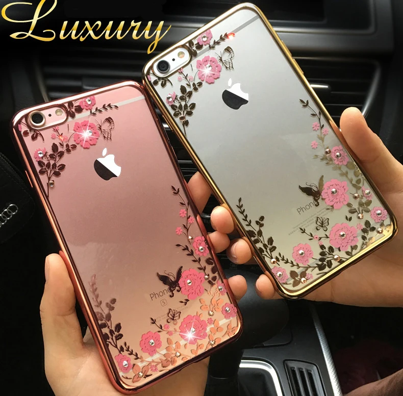

Lace Flower Soft Clear Diamond Metal Flash Frame Soft Silicon Gel Case For iPhone SE 5 5s 6 6S 6plus 7 7 Plus 5.5" Cover Back